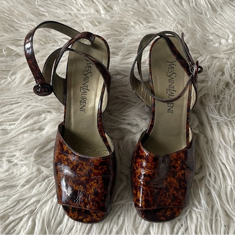 Yves Saint Laurent Vintage Y2K 90s Brown Patent Leather Animal Print Sandals 8.5